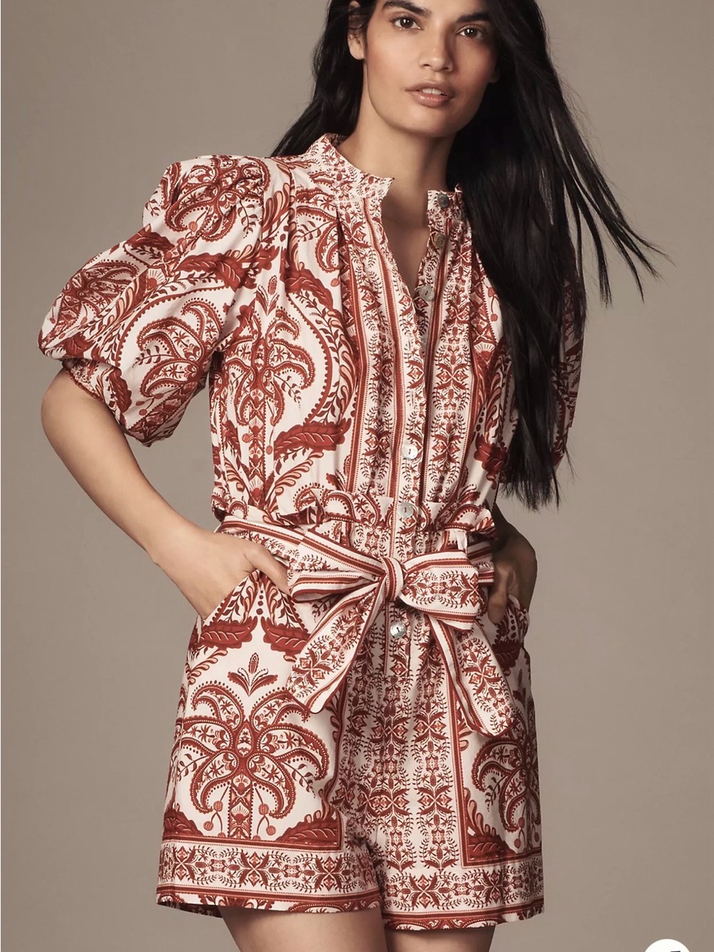 FARM Rio Cream and Rust Printed Short Jumpsuit
